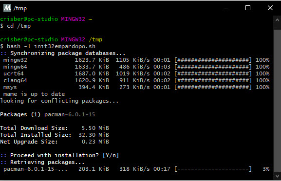 Ejecutamos init32.sh para descargar paquetes necesarios para compilar mame en 32 bits